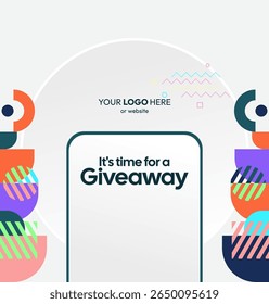 Plantilla cuadrada para el anuncio en las redes sociales del ganador del sorteo con coloridos adornos geométricos. Perfecto para el marketing de negocios de tiendas en línea. Fondo de sorteo atractivo