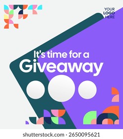 Plantilla cuadrada para el anuncio en las redes sociales del ganador del sorteo con coloridos adornos geométricos. Perfecto para el marketing de negocios de tiendas en línea. Fondo de sorteo atractivo