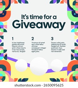 Square template for social media post announcement of giveaway winner with colorful geometric ornaments. Perfect for online store business marketing. Attractive giveaway background