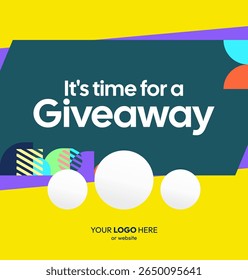 Square template for social media post announcement of giveaway winner with colorful geometric ornaments. Perfect for online store business marketing. Attractive giveaway background