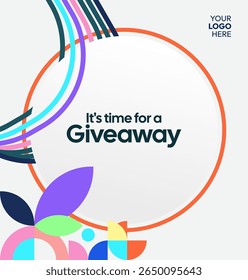 Quadratische Vorlage für Social-Media-Post Ankündigung von Giveaway-Gewinner mit bunten geometrischen Ornamenten. Perfekt für Online-Shop-Marketing. Attraktiver Giveaway-Hintergrund