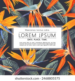 Square template with space for your text, suitable for designing social media posts, gift cards, wedding invitations, cosmetic products, and clothing prints. Tropical botanical design with Strelitzia