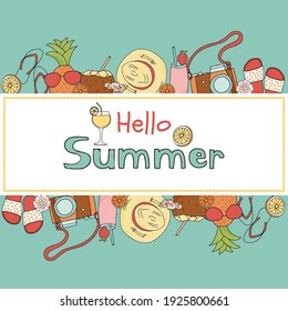 Square template with summer items for social media, flyer, poster. The concept of vacation, travel and summer weekends. The objects are uncut and are editable.