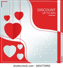 Square template for Valentines Day for the promotion. Light background with highlights and cut paper hearts. Vector illustration.