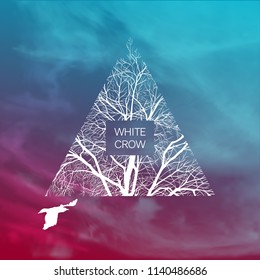 Square template with a white crow and a tree. Banner template.