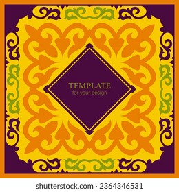 Square Template for your design. Ornamental elements and motifs of Kazakh, Kyrgyz, Uzbek, national Asian decor for packaging, boxes, banner and print design. Vector. Nomad style.