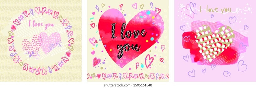 square templates for banners for cards with hearts and Doodle elements, strokes, watercolor elements
