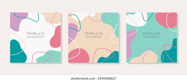 Diseño de Plantillas cuadradas con puntos abstractos. Fondos minimalistas de Vector en colores pastel con espacio de copia para texto. Para invitación, celebración, tarjeta, Anuncio, venta, cartel, redes sociales, folleto.