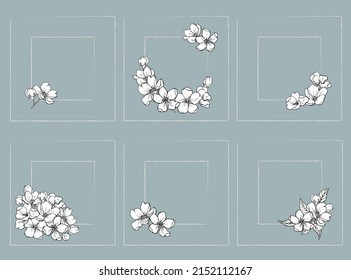 Square templates frame with flowers. Elegant collection for design wedding invite greeting card photo album social media background. Hand drawn illustration.