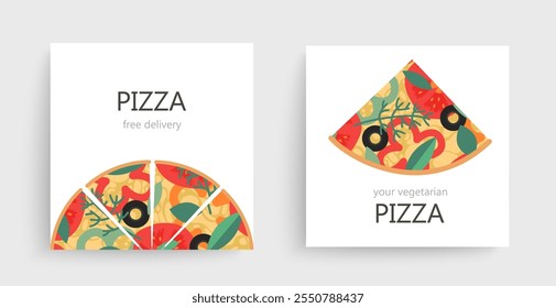 Modelos quadrados para italiano Delicious Pizza. Pizza moderna italiana. Comida apetitosa Padrão Sem Costura. Pizza vegetariana. Vetor