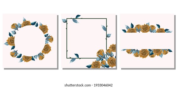 Square templates with roses on pastel pink background. For banners, advertisements, posters, cards. Vector templates. 