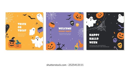 Square Templates For Social Media For Halloween. Greeting Cards and Invitations for Spooky Party with Illustrations of Ghosts, pumpkins, spider webs. Vector