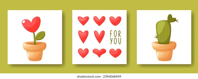 Square templates for Valentine's Day. Post on social networks. Greeting card, valentine. Text for you, pink hearts, plant heart, love cactus. Vector illustration for mobile applications, banner design