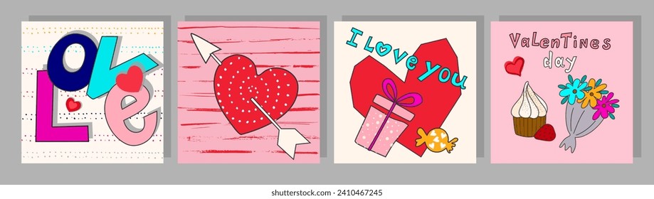 Square templates for Valentine's Day.A post on social networks with gift boxes, hearts, a bouquet of flowers, candy,strawberries.Vector illustration for greeting cards, mobile applications