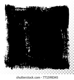 Square text box. Black acrylic vector stains isolated on white. Hand drawing of banner, label, frame shape. Black textured design elements
