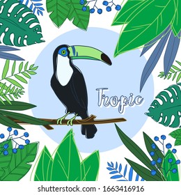 Square text frame with green blue colorful palm leaves and tropical plants