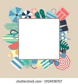 Square for text with vectors designed on elements of the beach or pool in summer, such as swimsuits, sunglasses, towel, umbrellas, ball, among other objects