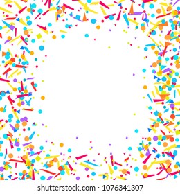 Square texture with random geometric elements on white. Geometrical background with confetti. Pattern from glitters. Festive frame. Print for banners, posters, t-shirts and textiles. Greeting cards