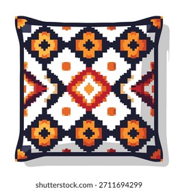 Una almohada de tiro cuadrado con un patrón geométrico vibrante inspirado en los diseños aztecas, con Elementos naranjas, rojos y azul oscuro sobre un fondo blanco.