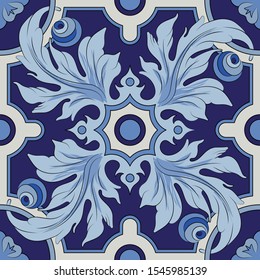 Square tile with acanthus leaves in blue