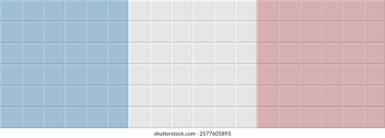 Square tile background. White, blue and pink tiles pattern for kitchen, bathroom or outdoor architecture. Glossy interior design tiled material. Realistic vector illustration.