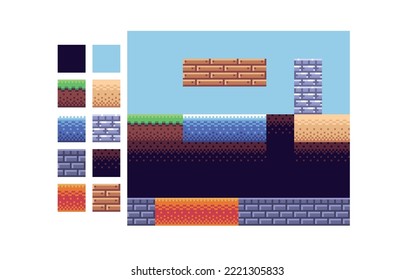 Square tile pixel art set. Different ground texture grid collection. 8 bit sprite. Game development, mobile app.  Isolated vector illustration.