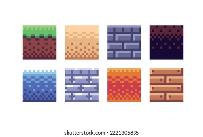 Square tile pixel art set. Different ground texture grid collection. 8 bit sprite. Game development, mobile app.  Isolated vector illustration.