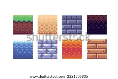 Square tile pixel art set. Different ground texture grid collection. 8 bit sprite. Game development, mobile app.  Isolated vector illustration.