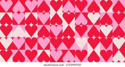 Patrón sin fisuras de azulejos cuadrados con corazones en el interior, patrón de tablero de ajedrez romántico vintage. Diseño geométrico simple del Vector para el día de San Valentín