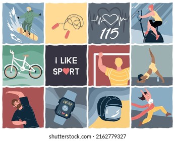 Square tiles set with vector cartoon flat characters doing sport activities,various sports equipment,symbols and phrases-healthy lifestyle concept,web site elements,online ad banner design