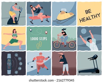 Square tiles set with vector cartoon flat characters doing sport activities,various sports equipment,symbols and phrases-healthy lifestyle concept,web site elements,online ad banner design