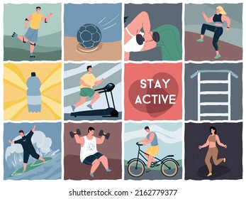 Square tiles set with vector cartoon flat characters doing sport activities,various sports equipment,symbols and phrases-healthy lifestyle concept,web site elements,online ad banner design