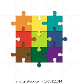 Square timeline made 9 puzzle pieces colorful connected. Concept jigsaw strategic plan nine stage. Realistic puzzle infographic design template. Vector illustration business progress puzzle 9 analysis