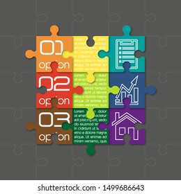 Square timeline made 9 puzzle pieces colorful connected. Concept jigsaw strategic plan nine stage. Realistic puzzle infographic design template. Vector illustration business progress puzzle 9 analysis