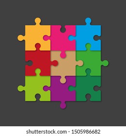 Square timeline made 9 puzzle pieces colorful connected. Concept jigsaw strategic plan nine stage. Realistic puzzle infographic design template. Vector illustration business progress puzzle 9 analysis