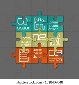 Square timeline made 9 puzzle pieces colorful connected. Concept jigsaw strategic plan nine stage. Realistic puzzle infographic design template. Vector illustration business progress puzzle 9 analysis
