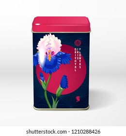 Square tin packaging. Beautiful iris flower in the oriental style