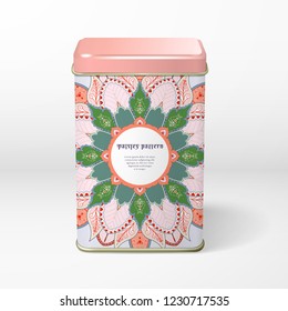 Square tin packaging. Tea, coffee, dry products. Round indian paisley pattern and frame for your text