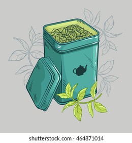 Square tin packaging and tea leaves
