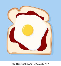 Square Toastbrot mit Ketschup und frittiertem Ei auf blauem Hintergrund