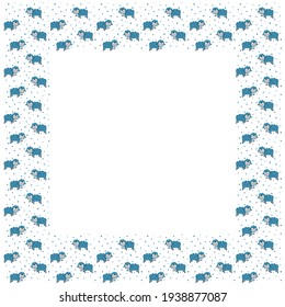 Square toddler frame with place for the text of cute cartoon standing blue lambs, calligraphic hand letterings "Hello!", and drops on a white background. Copy space. Vector.
