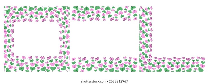Square Top Bottom and Corner Hand Drawn Heart shape twigs Floral Frames Set Copy space Template idea