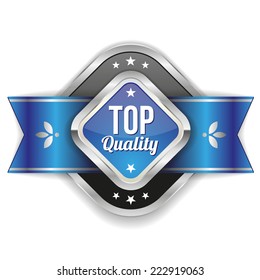 Square top quality badge with blue ribbon and metallic border