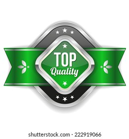 Square top quality badge with green ribbon and metallic border