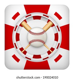 Square tote symbol red casino chips of sports betting with baseball ball. Bright bookmaker icon of gambling excitement. Vector Illustration.