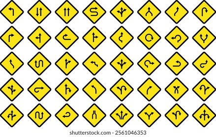 Square Traffic road signs board icons set. Indicator and warning signs in addition to the hexagonal stop vector collection isolated on transparent background. Inform complicated Turning symbols.