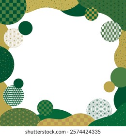 Square transparent frame banner with green Japanese pattern and cloud shape