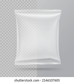 Square transparent packaging bag mockup. Vector illustration on dark background. Perfect for the presentation of products. Ready for your design. EPS10.	