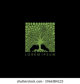 Square tree company logo. Tree in Square shape in green color on black background. tree Square company logo with dummy text. plant with green density logo.