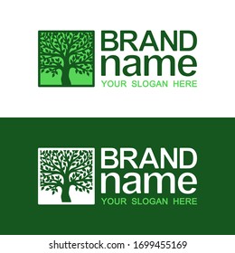 Logo de árbol cuadrado. Icono, símbolo ecológico, símbolo bio, identidad de marca, plantilla de logotipo, placa moderna, etiqueta, elementos de diseño para jardinería, negocios, agricultura, alimentación sana y natural. Ilustración vectorial.